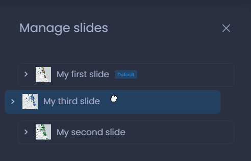 Screenshot showing reorder slides in CartoVista when creating a new slide and manage slides