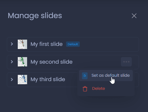 Screenshot showing slide actions in CartoVista when creating a new slide and manage slides