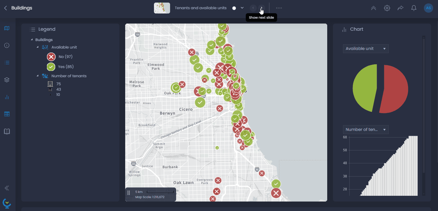 Screenshot showing slide navigation in CartoVista when creating and customize a thematic analysis