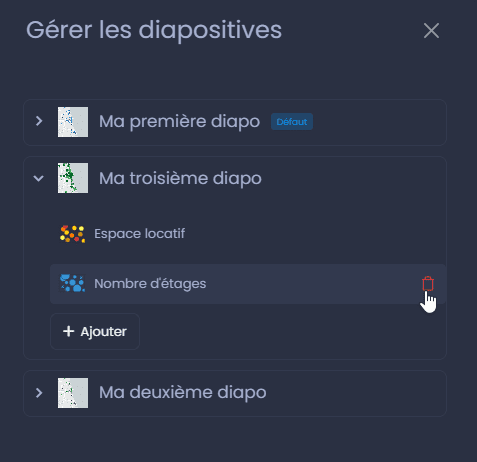 Capture d'écran montrant supprimer ajouter une analyse thematique dans CartoVista lors de création une nouvelle diapositive et gérer les diapositives