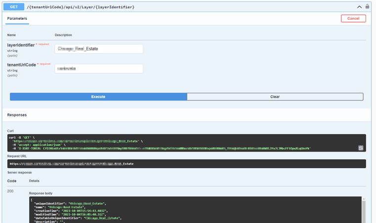 Screenshot showing swagger interface try it out in CartoVista when using the cartovista rest api