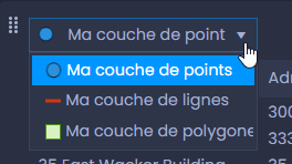 Capture d'écran montrant tableau de donnees selection de couche dans CartoVista lors de filtrage et trier les données à l’aide du tableau de données