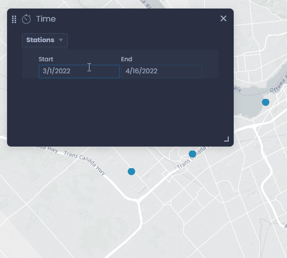 Screenshot showing time controller date picker in CartoVista when work with time-based vector data (many to one)