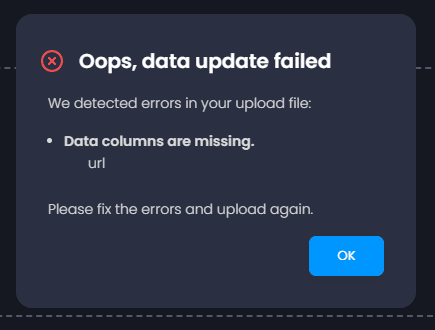 Screenshot showing update failed in CartoVista when updating a layer or data table