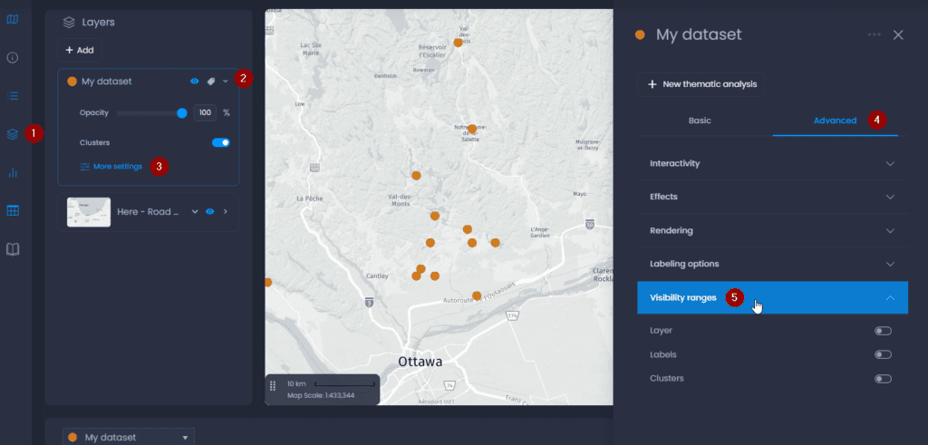 Screenshot showing visibility ranges in CartoVista when setting up visibility ranges