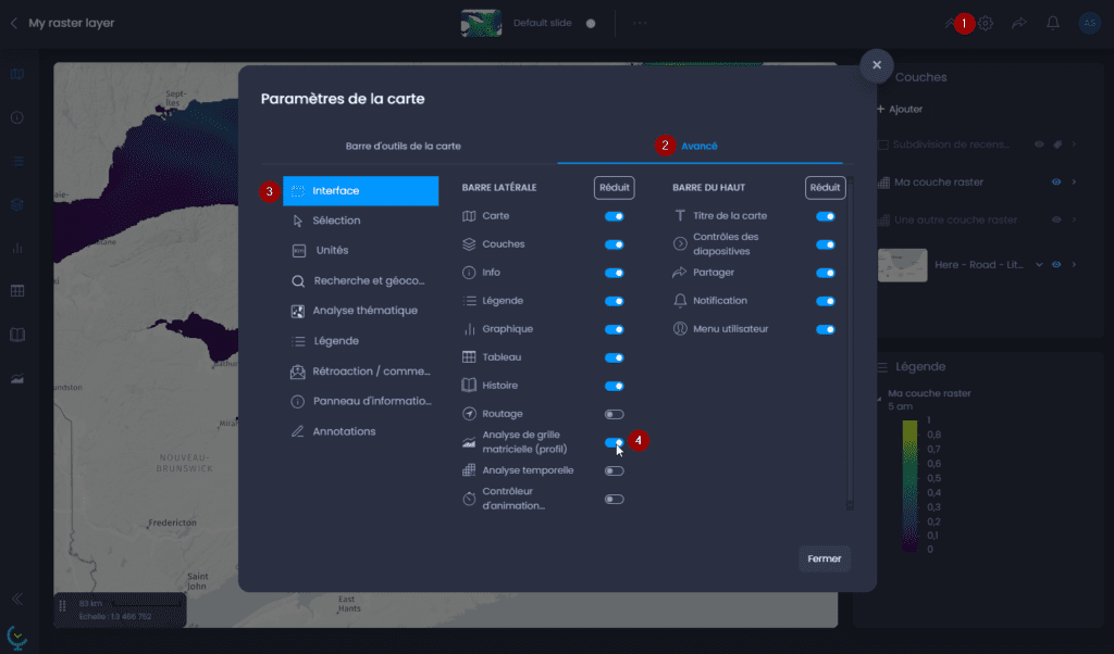 Capture d'écran montrant activer lanalyse de grille matricielle dans CartoVista lors de générer un profil ou une analyse de zone à partir de données raster