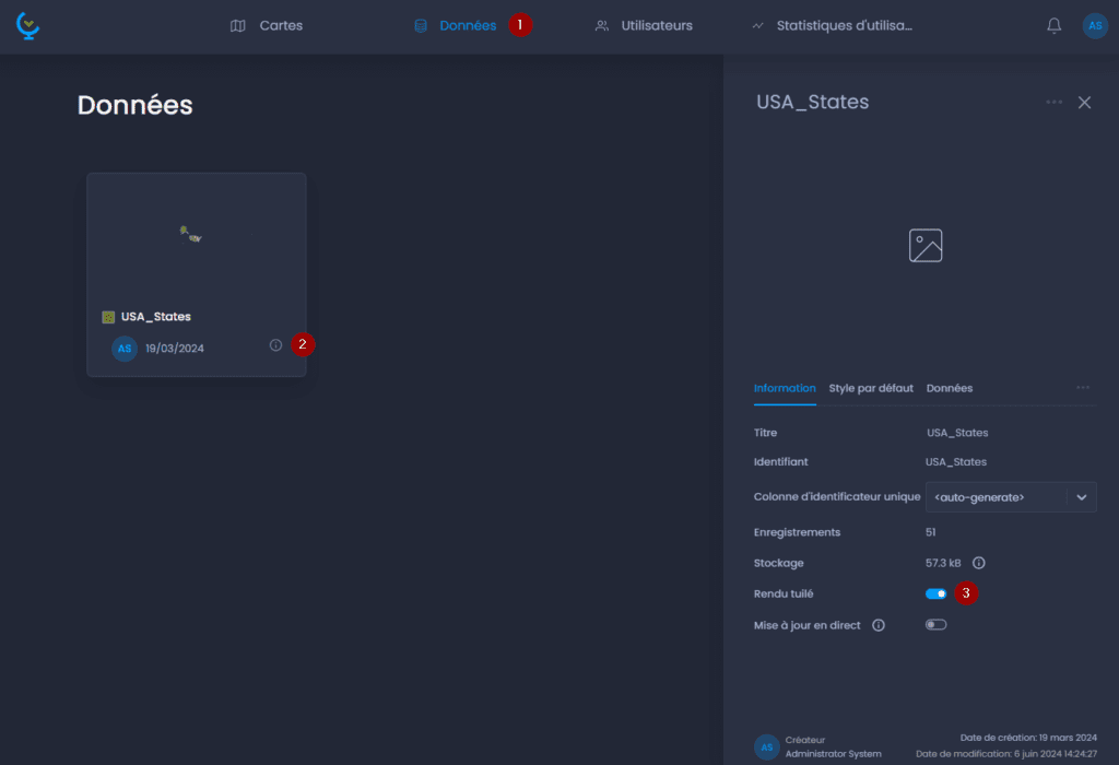 Capture d'écran montrant activer le rendu tuile dans CartoVista lors de optimiser les performances avec le rendu tuilé