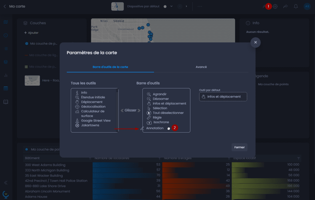 Capture d'écran montrant activer loutil dannotations dans CartoVista lors de annoter une carte