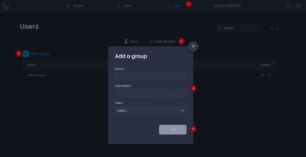 Screenshot showing add a group in CartoVista when managing users and groups