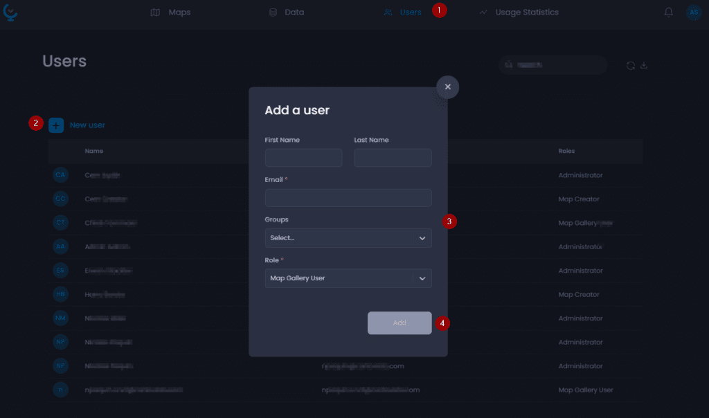 Screenshot showing add a user in CartoVista when managing users and groups