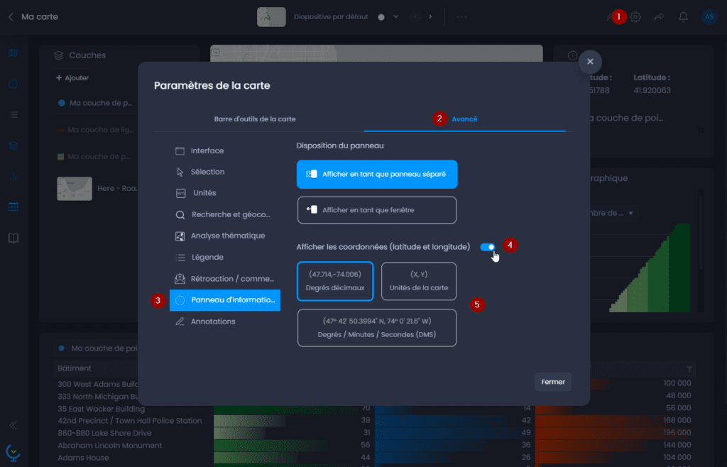 Capture d'écran montrant afficher les coordonnes dans le panneau info dans CartoVista lors de utilisation l’outil d’information