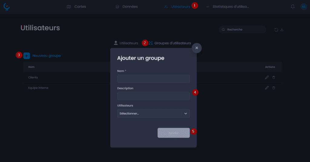 Capture d'écran montrant ajouter un groupe dans CartoVista lors de gestion les utilisateurs et les groupes