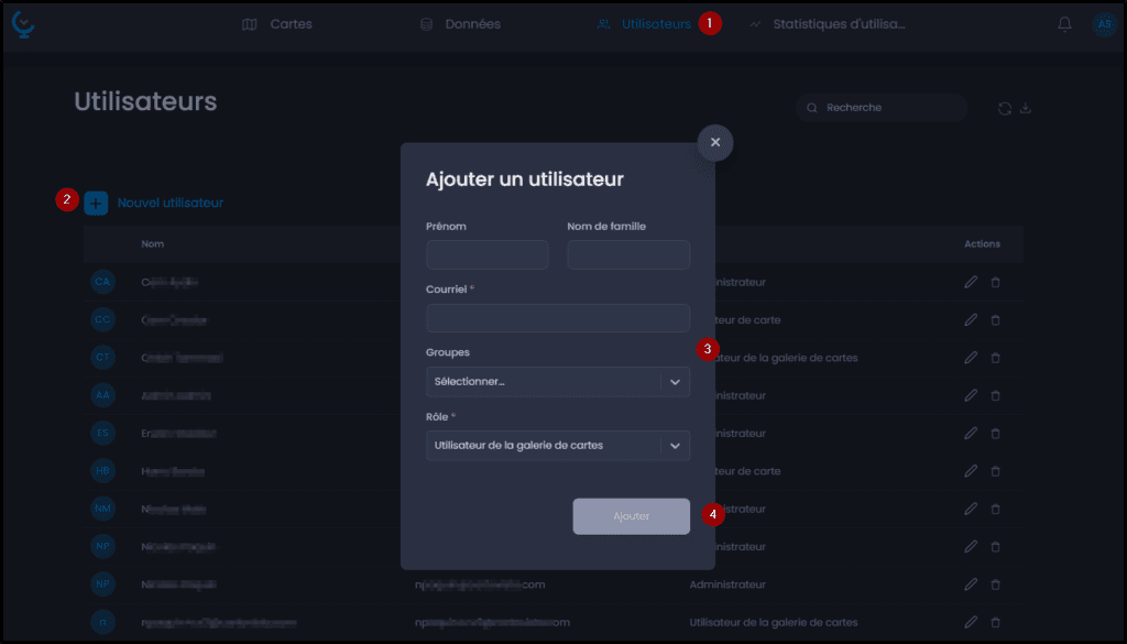 Capture d'écran montrant ajouter un utilisateur dans CartoVista lors de gestion les utilisateurs et les groupes