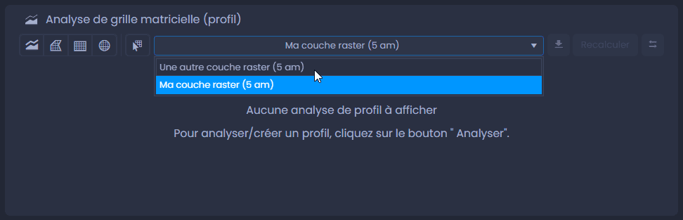 Capture d'écran montrant analyse de grille selection de couche dans CartoVista lors de générer un profil ou une analyse de zone à partir de données raster