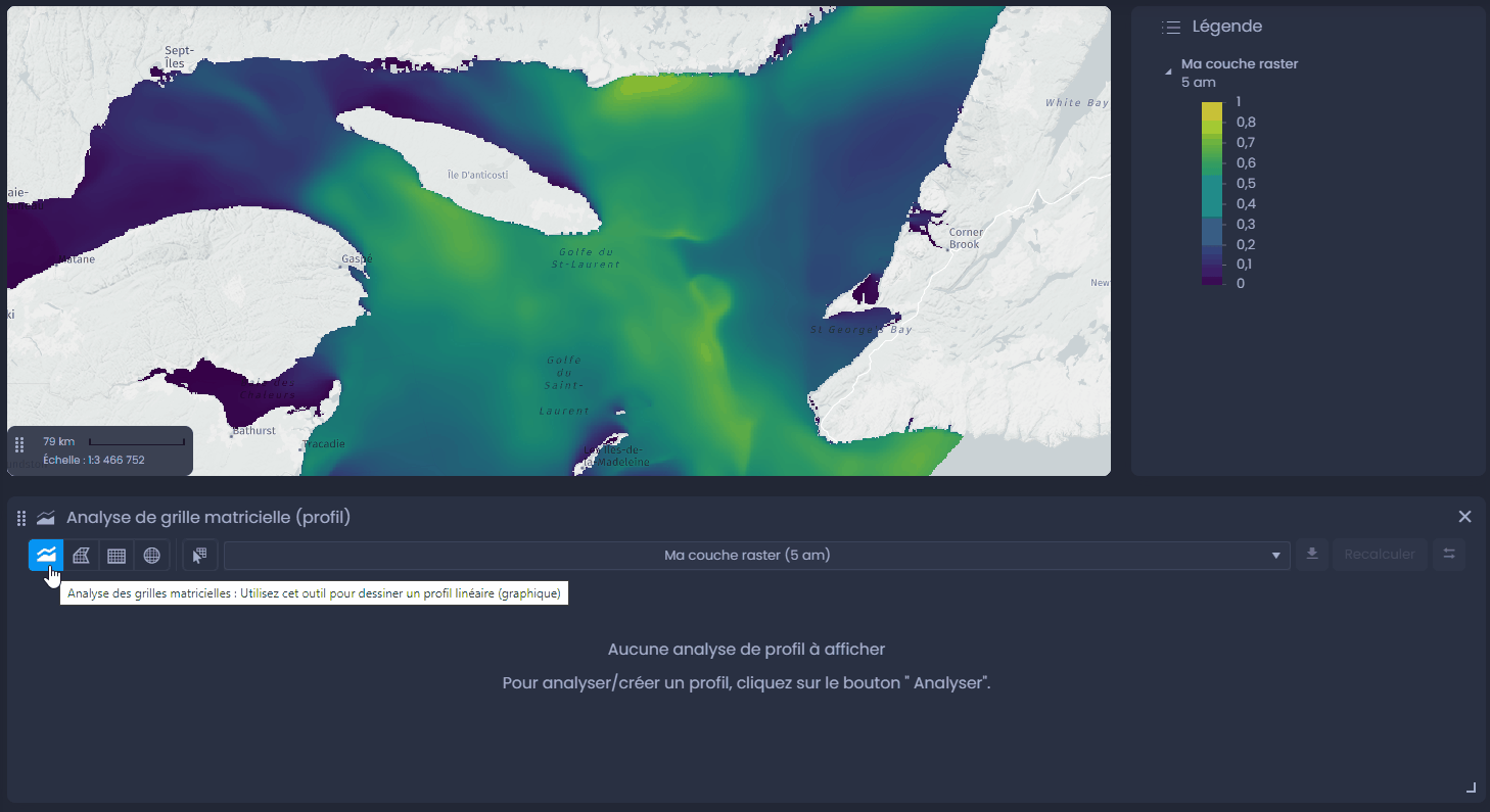 Capture d'écran montrant analyse de profile dans CartoVista lors de générer un profil ou une analyse de zone à partir de données raster
