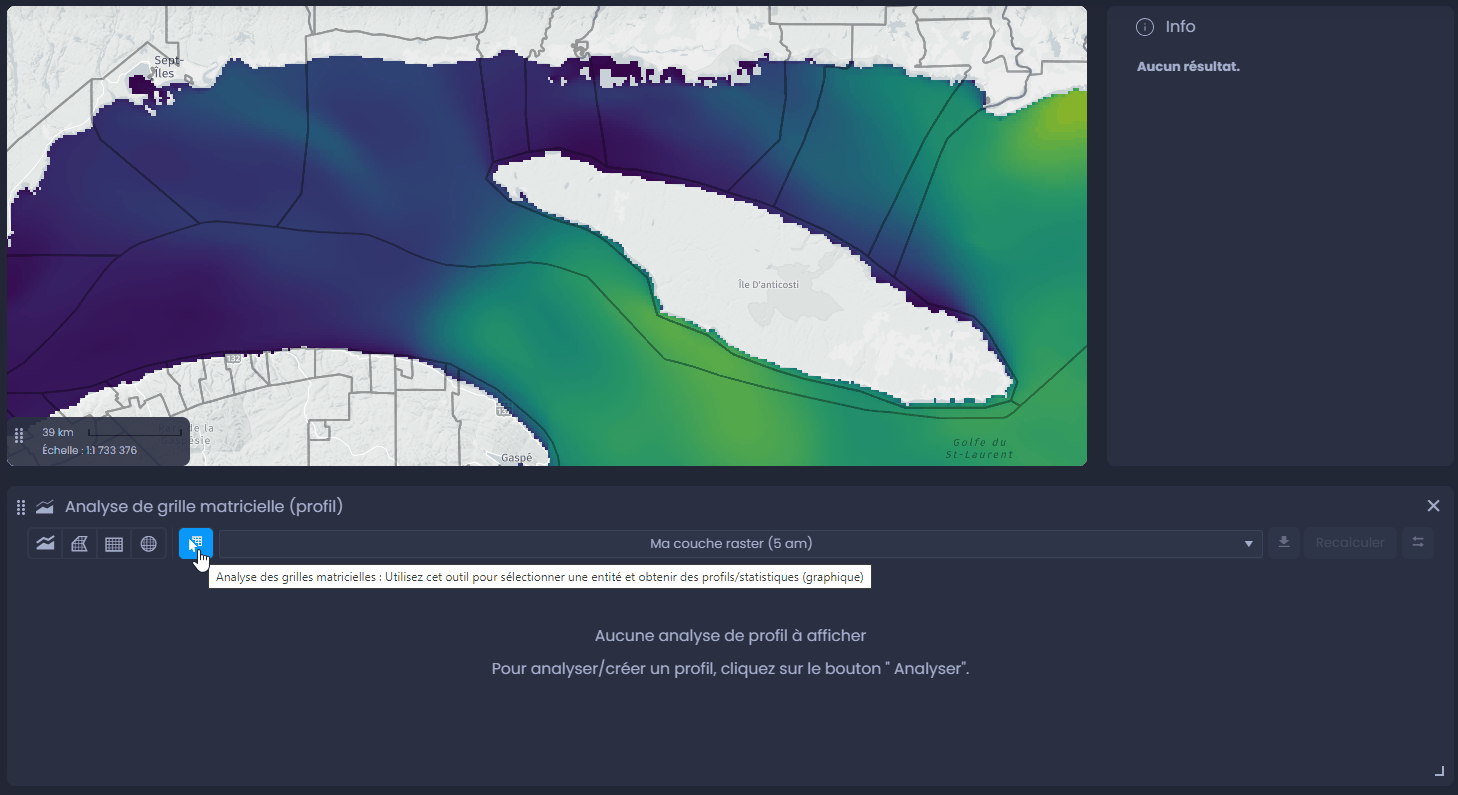 Capture d'écran montrant analyse de zone selectionnee dans CartoVista lors de générer un profil ou une analyse de zone à partir de données raster