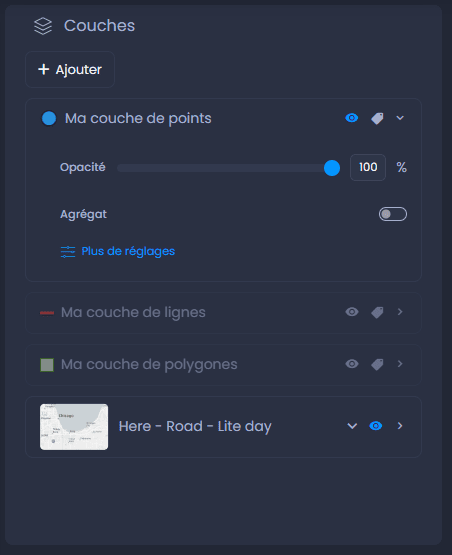 Capture d'écran montrant controle des couches editeur de carte dans CartoVista lors de utilisation le contrôle des couches