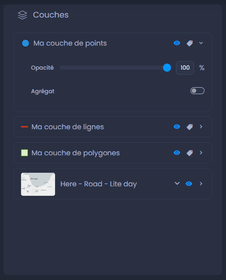 Capture d'écran montrant controle des couches visiteur de carte dans CartoVista lors de utilisation le contrôle des couches