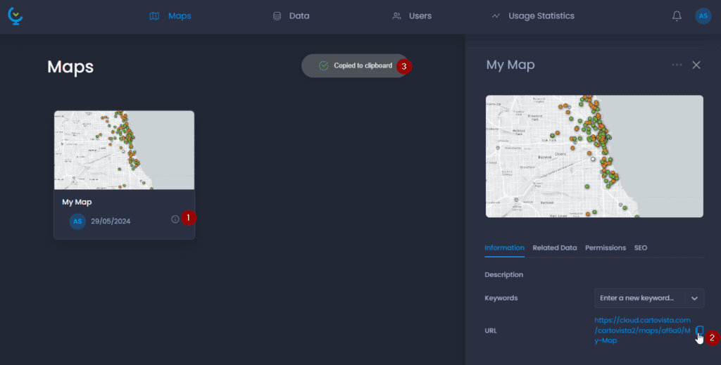 Screenshot showing copy map url in CartoVista when make a map public