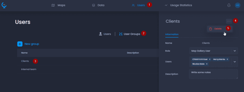 Screenshot showing delete group in CartoVista when managing users and groups