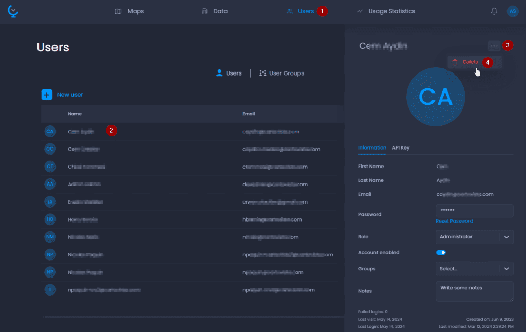 Screenshot showing delete user in CartoVista when managing users and groups