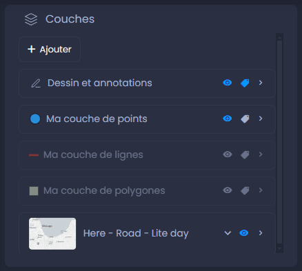 Capture d'écran montrant dessins et annotations dans le controle de couches dans CartoVista lors de annoter une carte