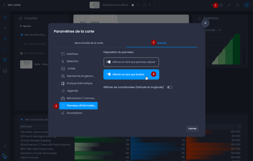 Capture d'écran montrant disposition du panneau info dans CartoVista lors de utilisation l’outil d’information