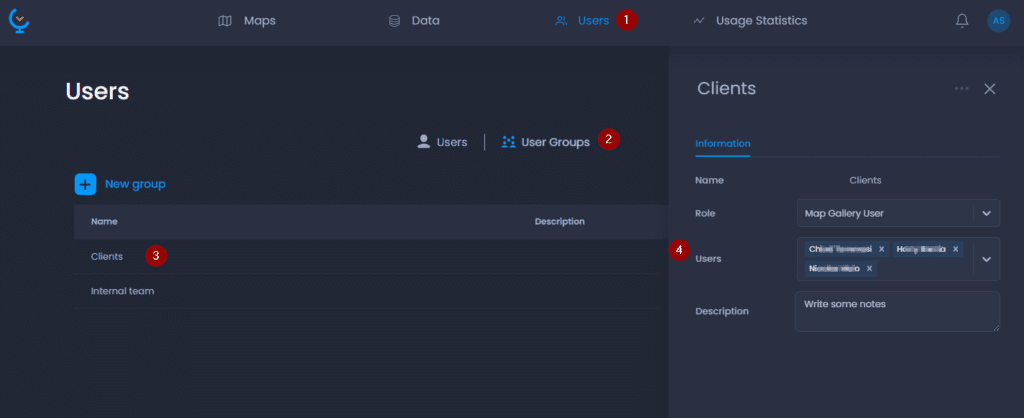 Screenshot showing edit group in CartoVista when managing users and groups