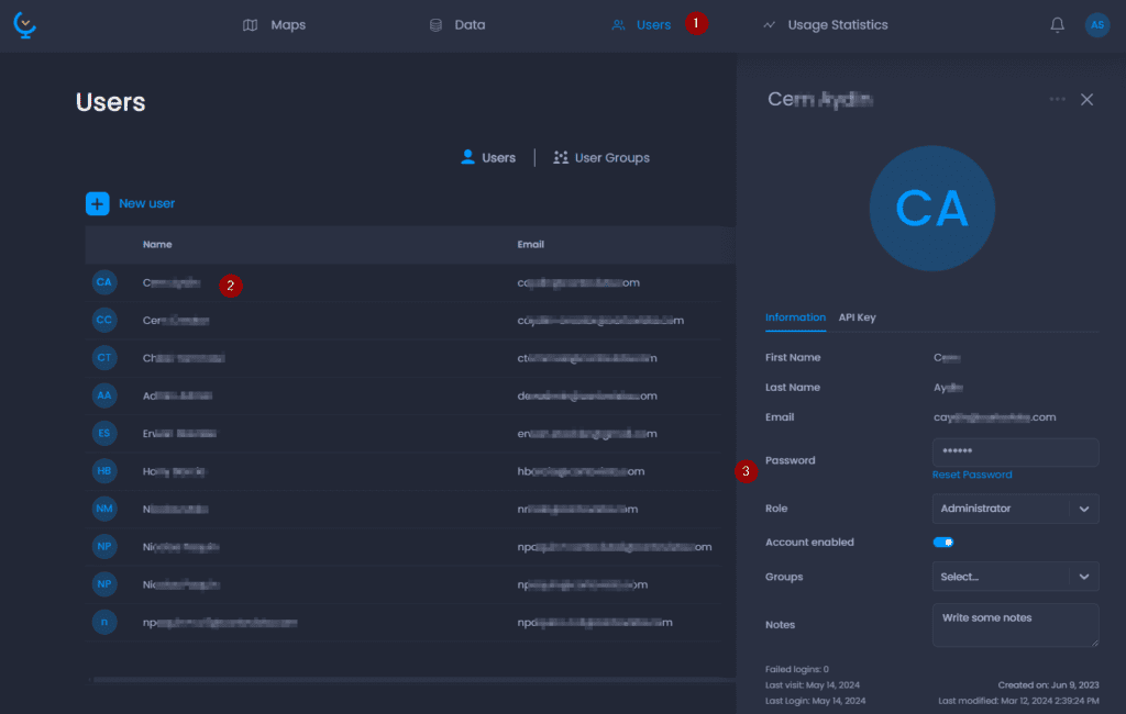 Screenshot showing edit user in CartoVista when managing users and groups