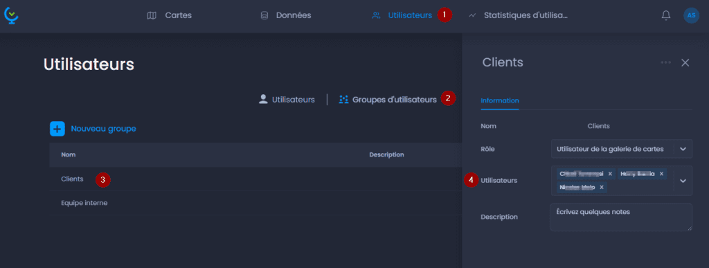 Capture d'écran montrant editer un groupe dans CartoVista lors de gestion les utilisateurs et les groupes