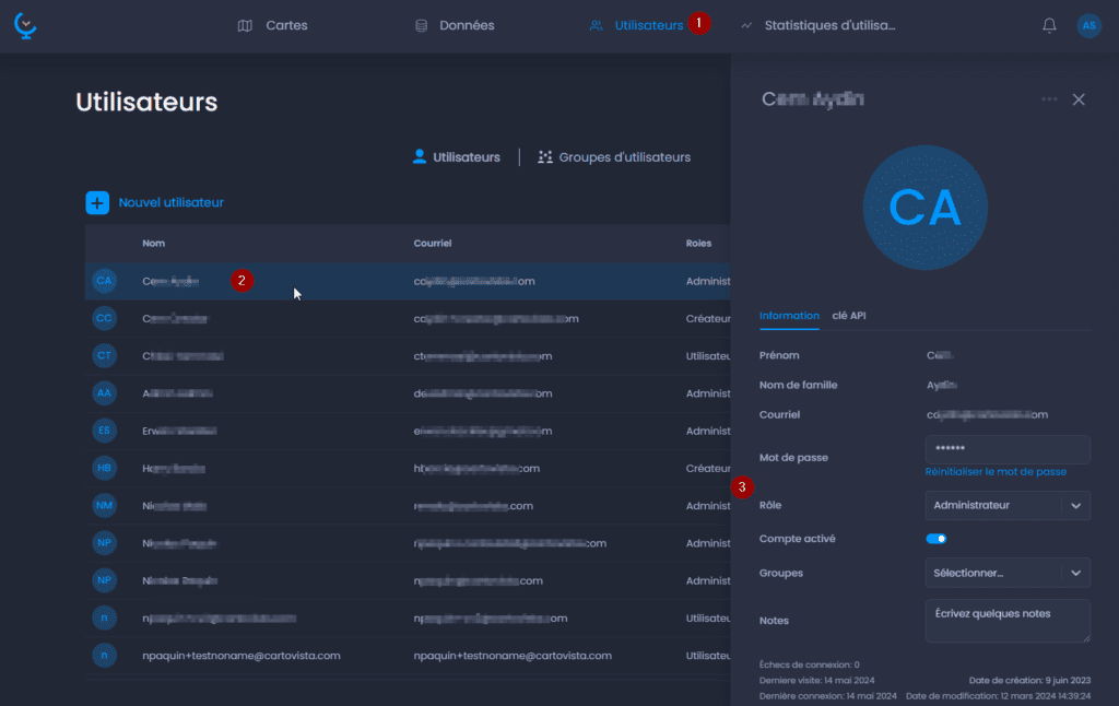 Capture d'écran montrant editer un utilisateur dans CartoVista lors de gestion les utilisateurs et les groupes