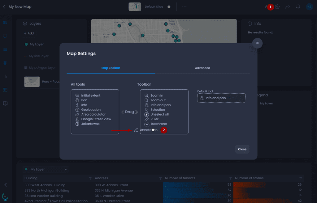 Screenshot showing enable annotation tool in CartoVista when annotate a map