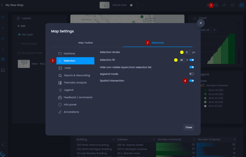 Screenshot showing enable spatial intersection in CartoVista when perform spatial intersection