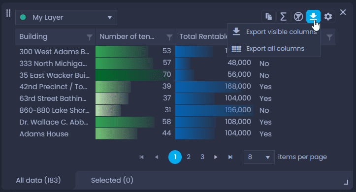 Screenshot showing export data from the data panel in CartoVista when exporting data