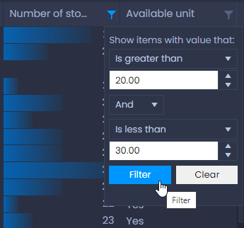 Screenshot showing filter dialog condition in CartoVista when filtering and sort data using the data table