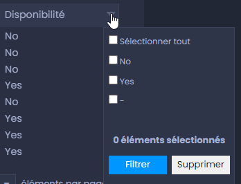 Capture d'écran montrant filtre par choix dans CartoVista lors de filtrage et trier les données à l’aide du tableau de données