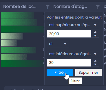 Capture d'écran montrant filtre par conditions dans CartoVista lors de filtrage et trier les données à l’aide du tableau de données