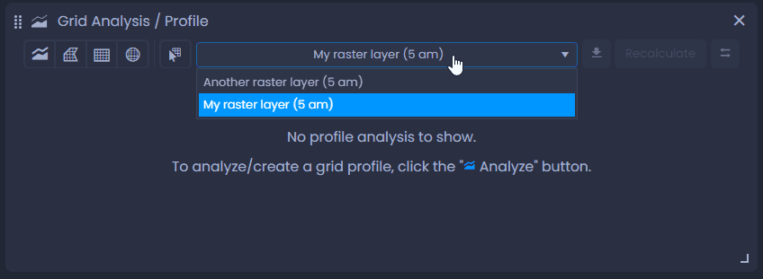 Screenshot showing grid analysis profile select layer in CartoVista when display a linear profile from grid data
