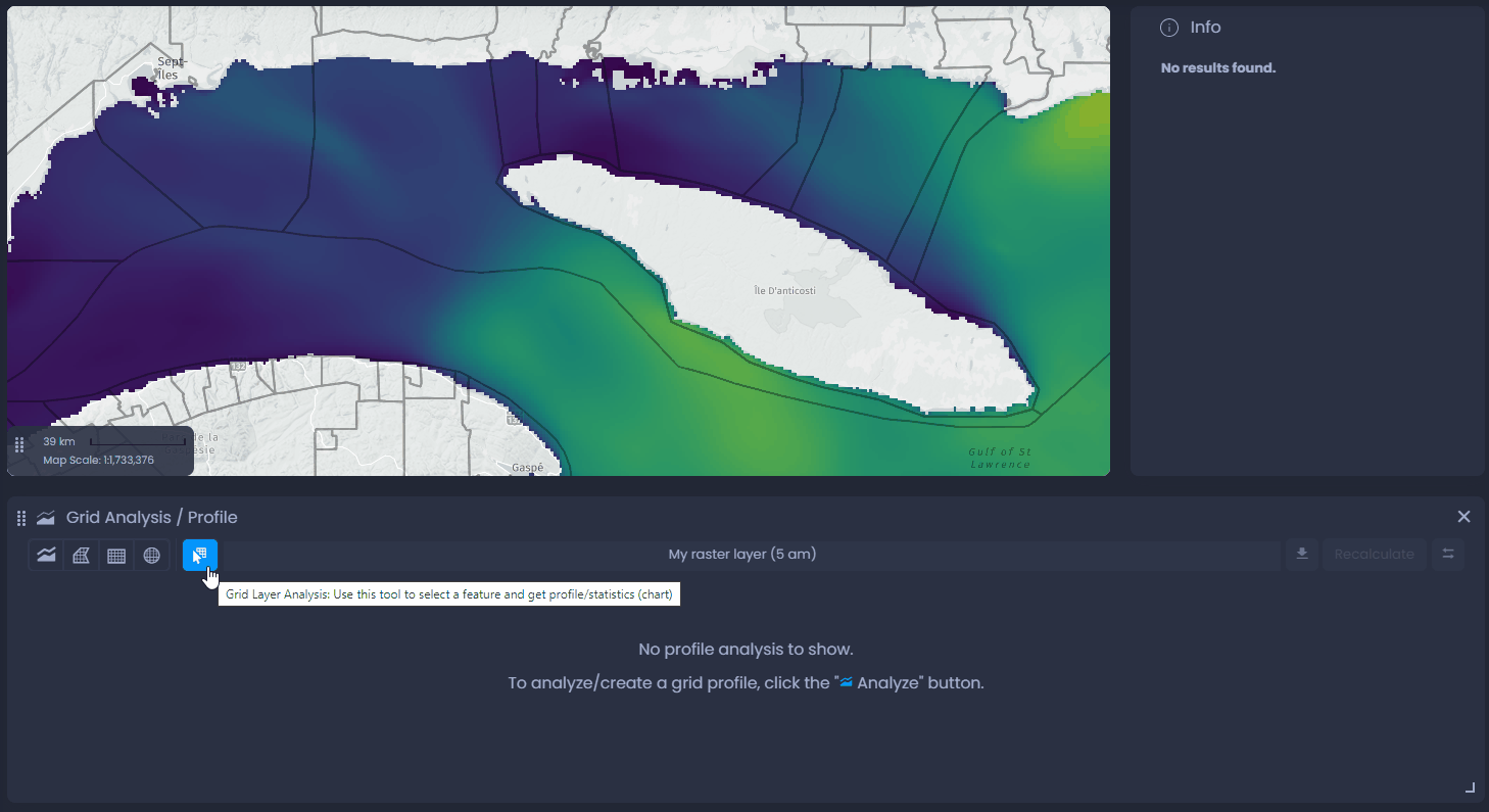 Screenshot showing grid area selected in CartoVista when display a linear profile from grid data
