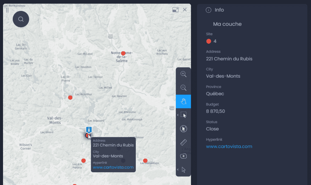 Capture d'écran montrant hyperlien dans linfo bulle et le panneau info dans CartoVista lors de ajout des éléments multimédias (images, liens hypertextes) aux entités