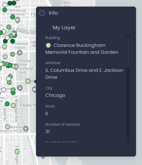 Screenshot showing info panel as a pop up in CartoVista when work with the information tool