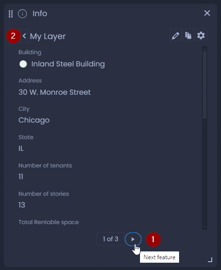 Screenshot showing info panel multiple results feature view in CartoVista when work with the information tool