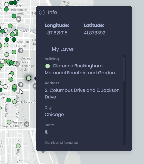Screenshot showing info panel with coordinates in CartoVista when work with the information tool