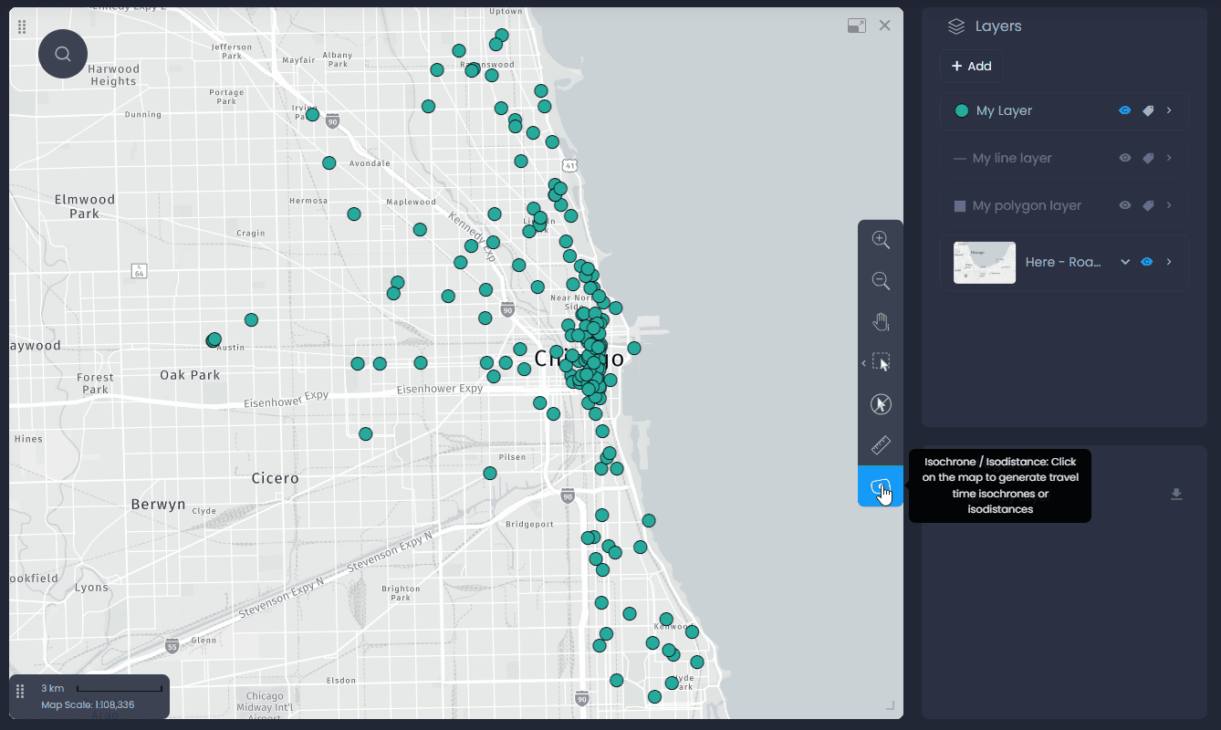 Screenshot showing isochrone creation in CartoVista when creating a drive time area (isochrone)