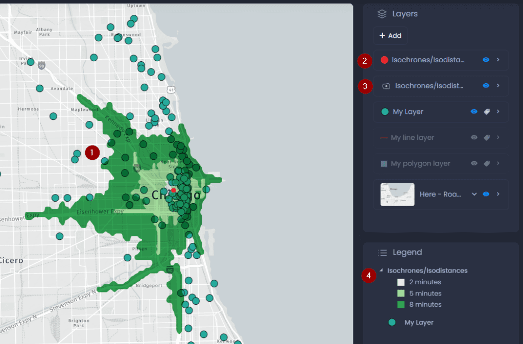 Screenshot showing isochrone result in CartoVista when creating a drive time area (isochrone)
