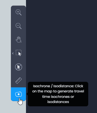 Screenshot showing isochrone tool in CartoVista when creating a drive time area (isochrone)