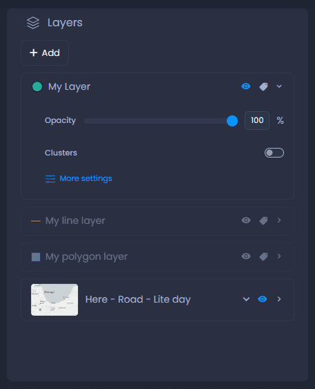 Screenshot showing layer control map editor in CartoVista when using the layer control
