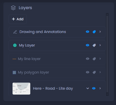 Screenshot showing layer control with drawing and annotation layer in CartoVista when annotate a map