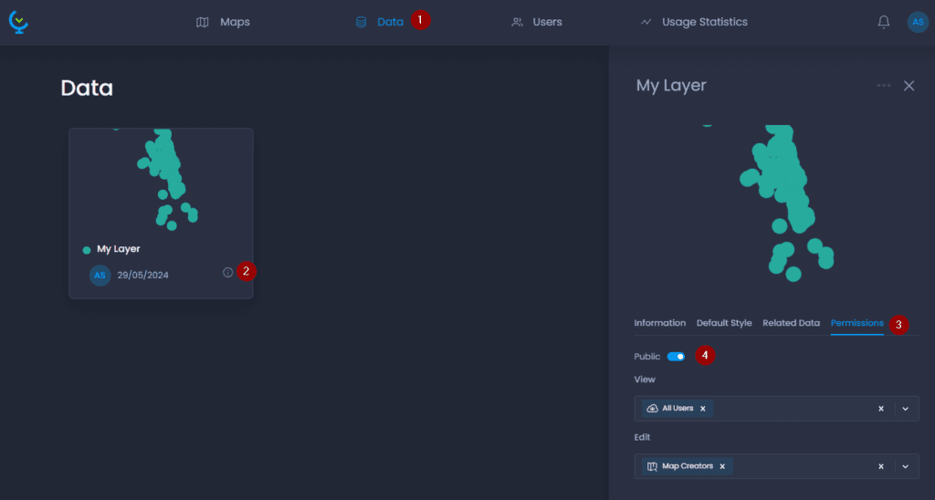 Screenshot of the CartoVista interface for make a map public: make a layer public