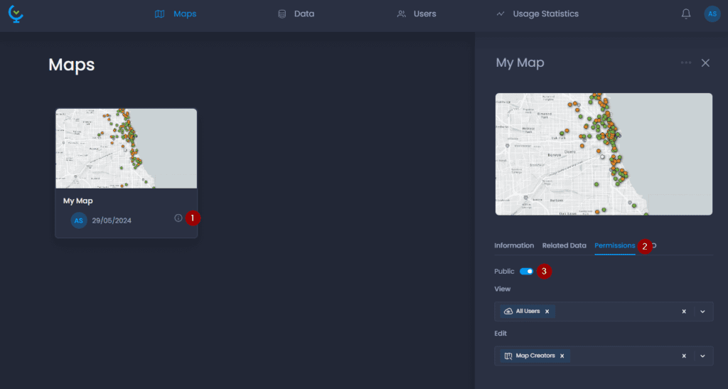 Screenshot of the CartoVista interface for make a map public: make a map public